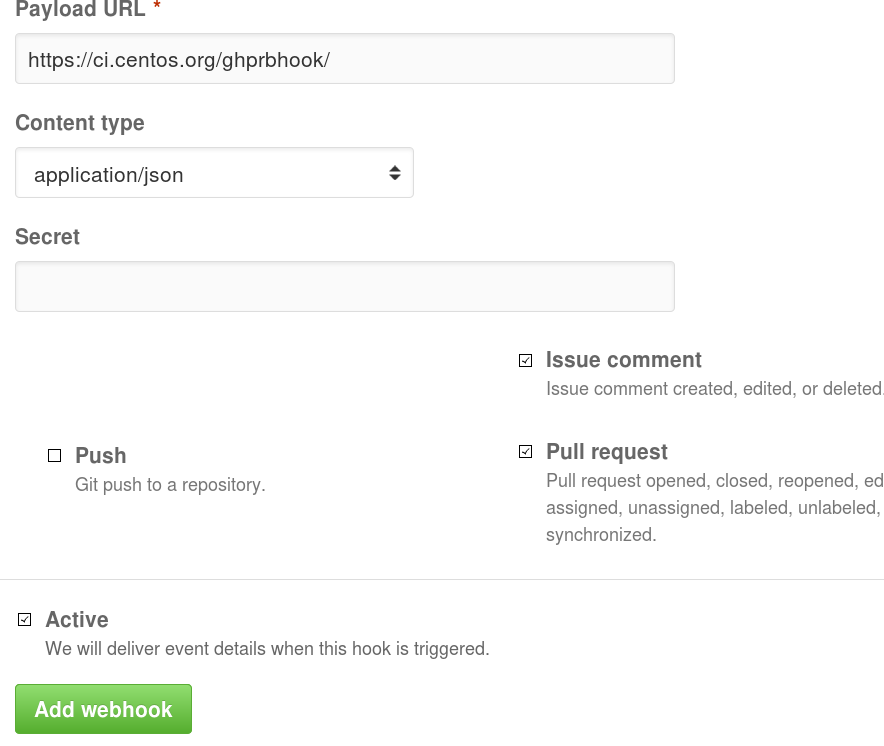 Webhook for the Github Pull Request Builder plugin